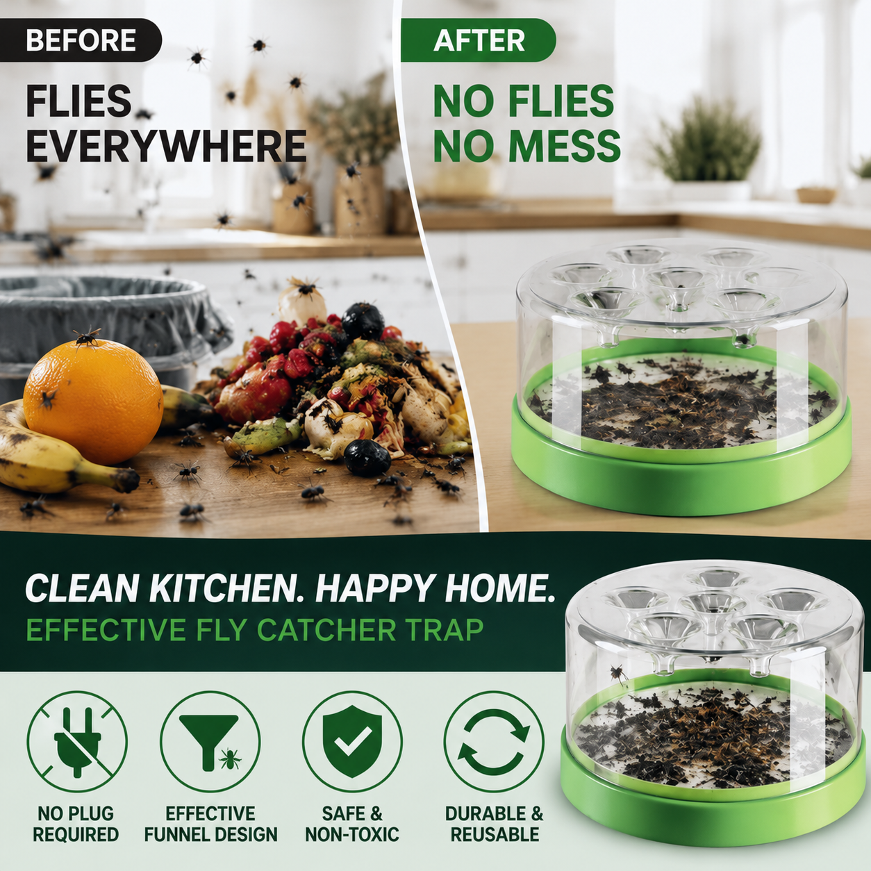 🔌✅ Reusable fly trap—no electricity, no poison! 🏠 Safe to use in the kitchen and around children and pets.