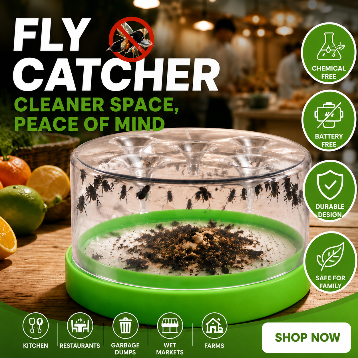 🔌✅ Reusable fly trap—no electricity, no poison! 🏠 Safe to use in the kitchen and around children and pets.