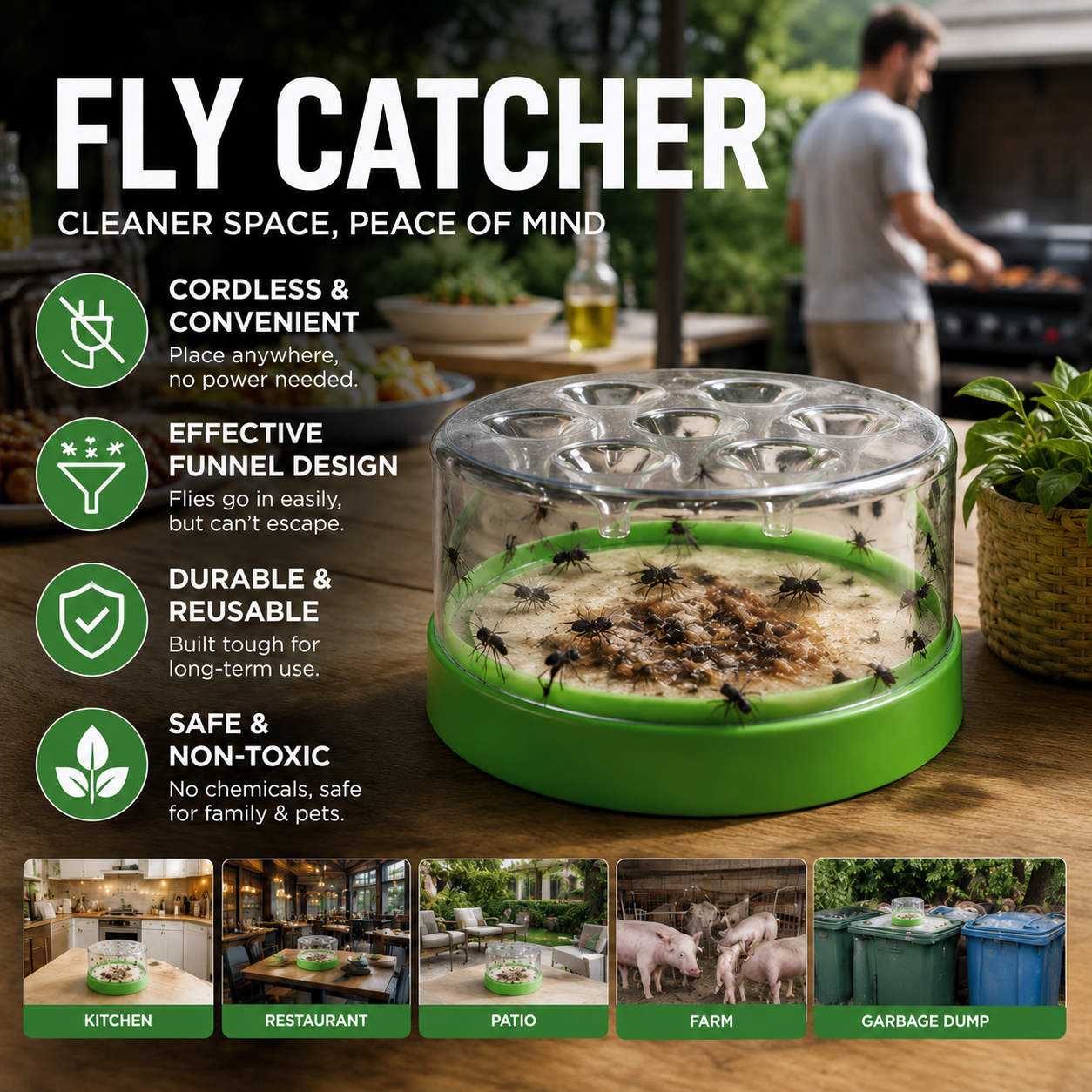 🔌✅ Reusable fly trap—no electricity, no poison! 🏠 Safe to use in the kitchen and around children and pets.