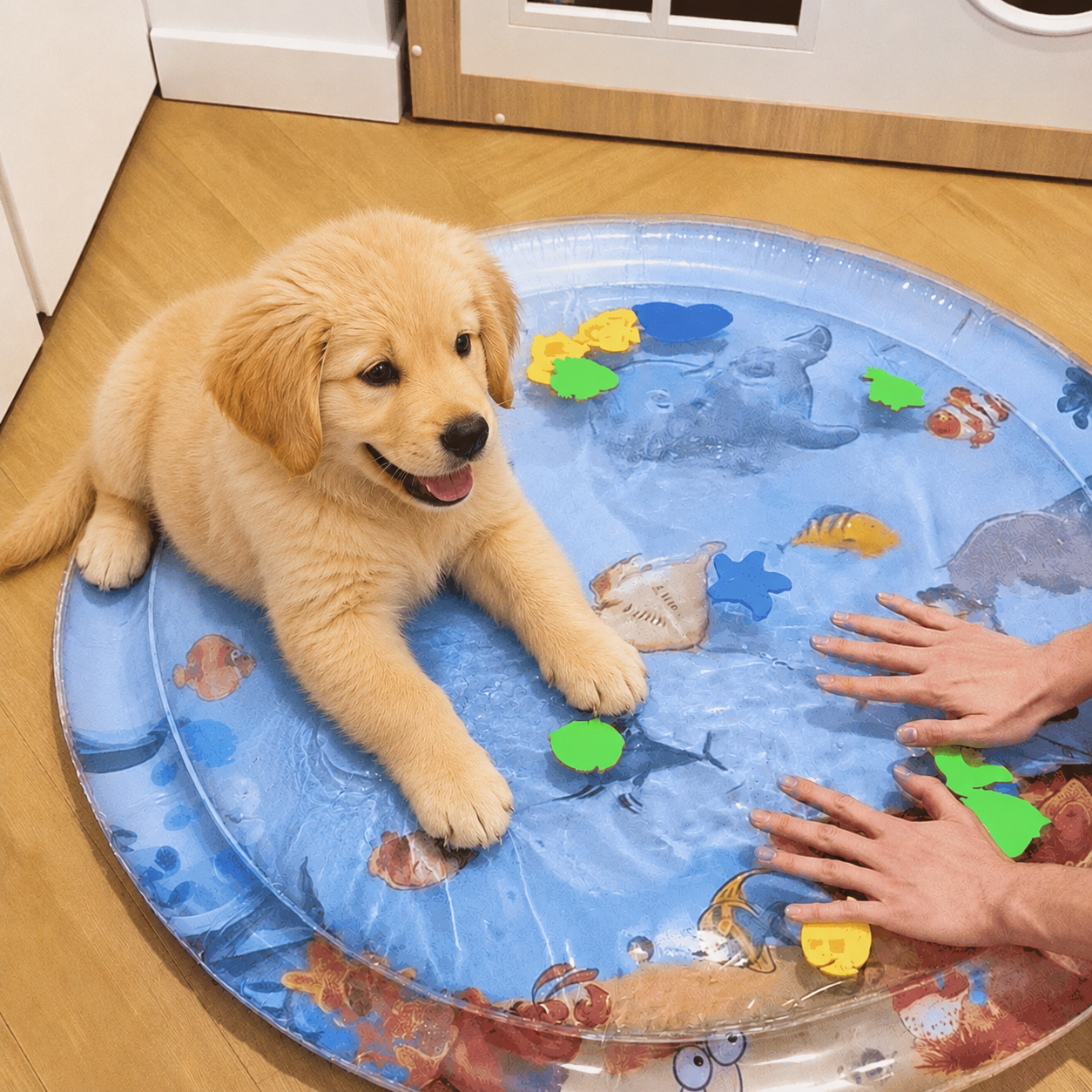 Water-filled pet play mat with no messy gels or complicated setup