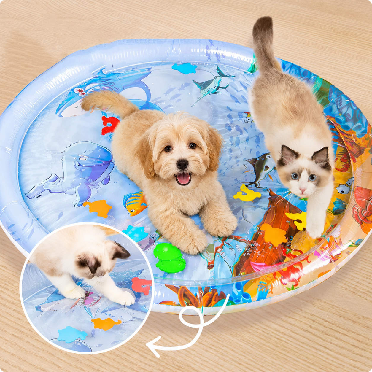 Pet water mat designed to encourage healthy active play