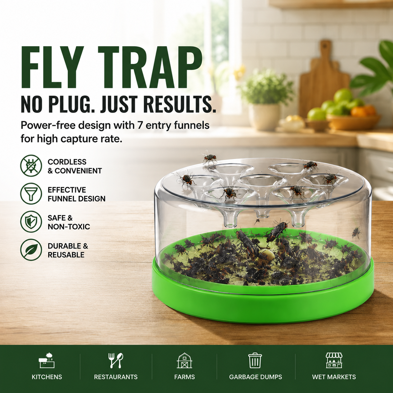 🔌✅ Reusable fly trap—no electricity, no poison! 🏠 Safe to use in the kitchen and around children and pets.