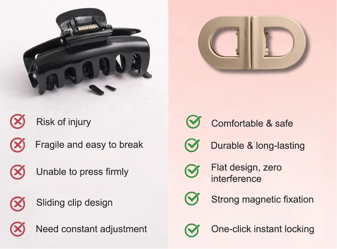 Comparison showing flat magnetic hair clip as a comfortable upgrade from traditional claw clips